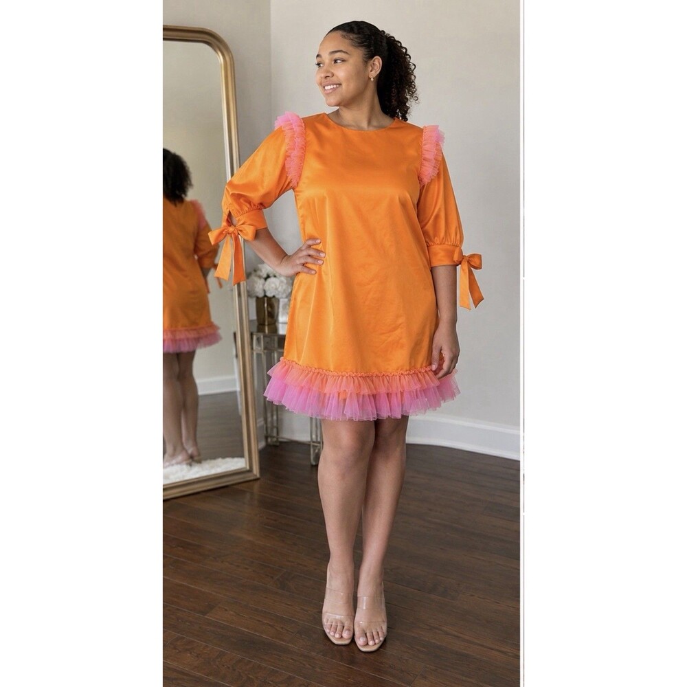women's dress Orange mini dress tutu cocktail party puff tie sleeve zena pati